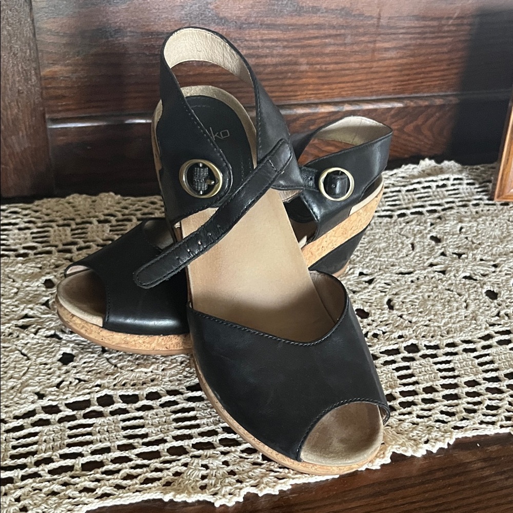 Dansko Black Leather Wedge Sandals